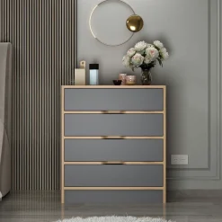 Armoire dressing chambre effet bois, 8 portes grises BYRON