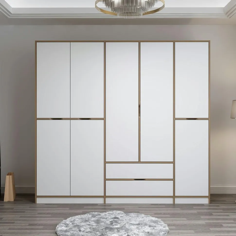 Armoire dressing chambre effet bois, 8 portes blanches BYRON