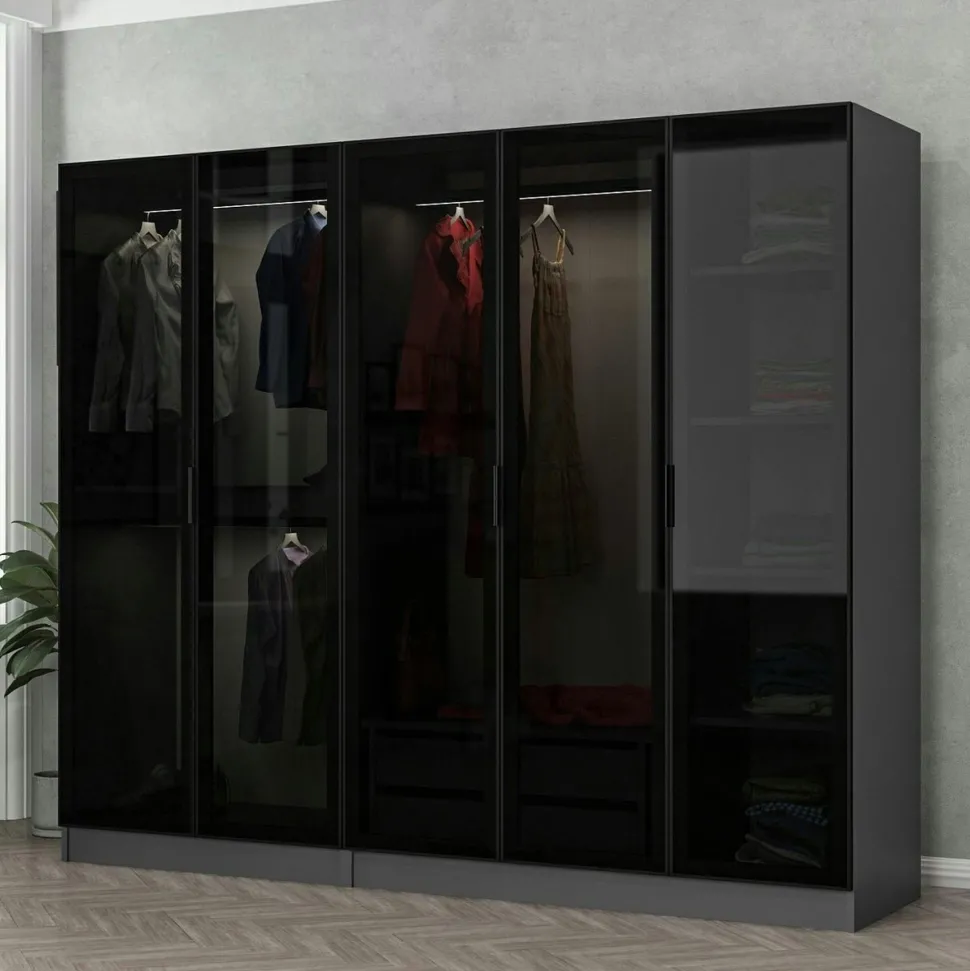 Armoire dressing design gris 5 portes verre H 190 cm BYRON