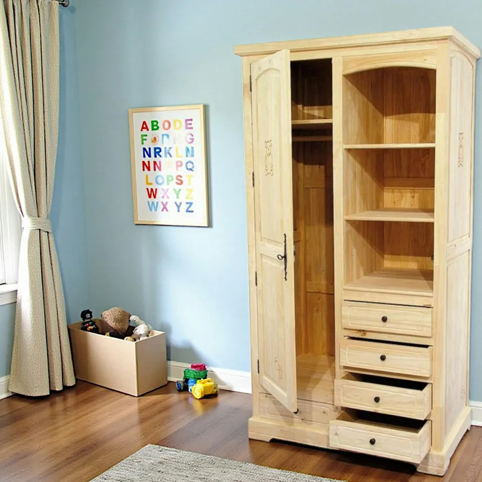 Armoire Hévéa 1 porte, 5 tiroirs, 3 niches 100x56x185cm TRADITION