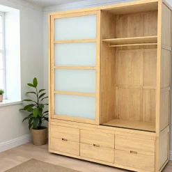 Armoire Hévéa 2 portes coulissantes, 6 tiroirs 55x180x220cm OLGA