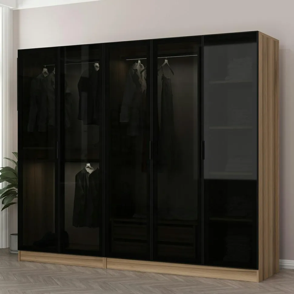 Armoire penderie 5 portes verre et cadre effet noyer BYRON