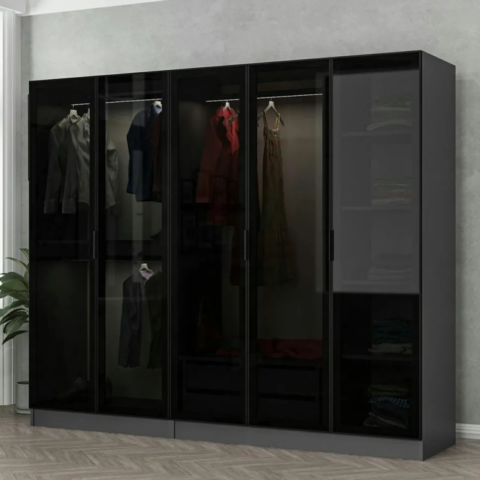 Armoire penderie 5 portes verre et cadre anthracite BYRON