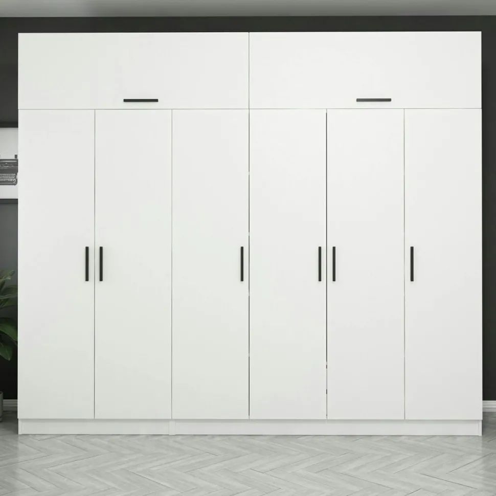 Armoire penderie blanche 6 portes, 1 portant 2 tiroirs BYRON