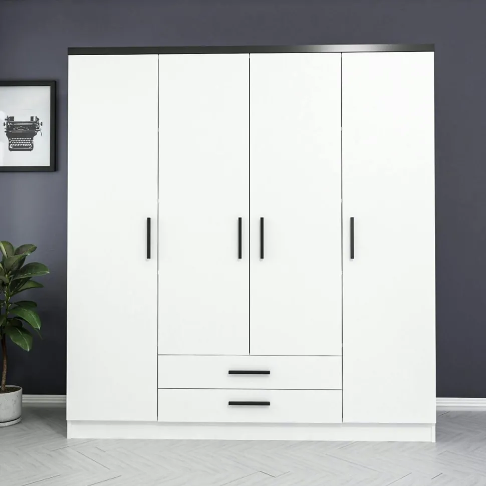 Armoire penderie blanche 4 portes poignées noires BYRON
