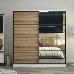 Armoire penderie blanche, porte effet bois et miroir BYRON