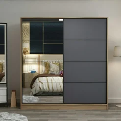 Armoire penderie chambre, 1 porte grise & miroir H 210 cm BYRON