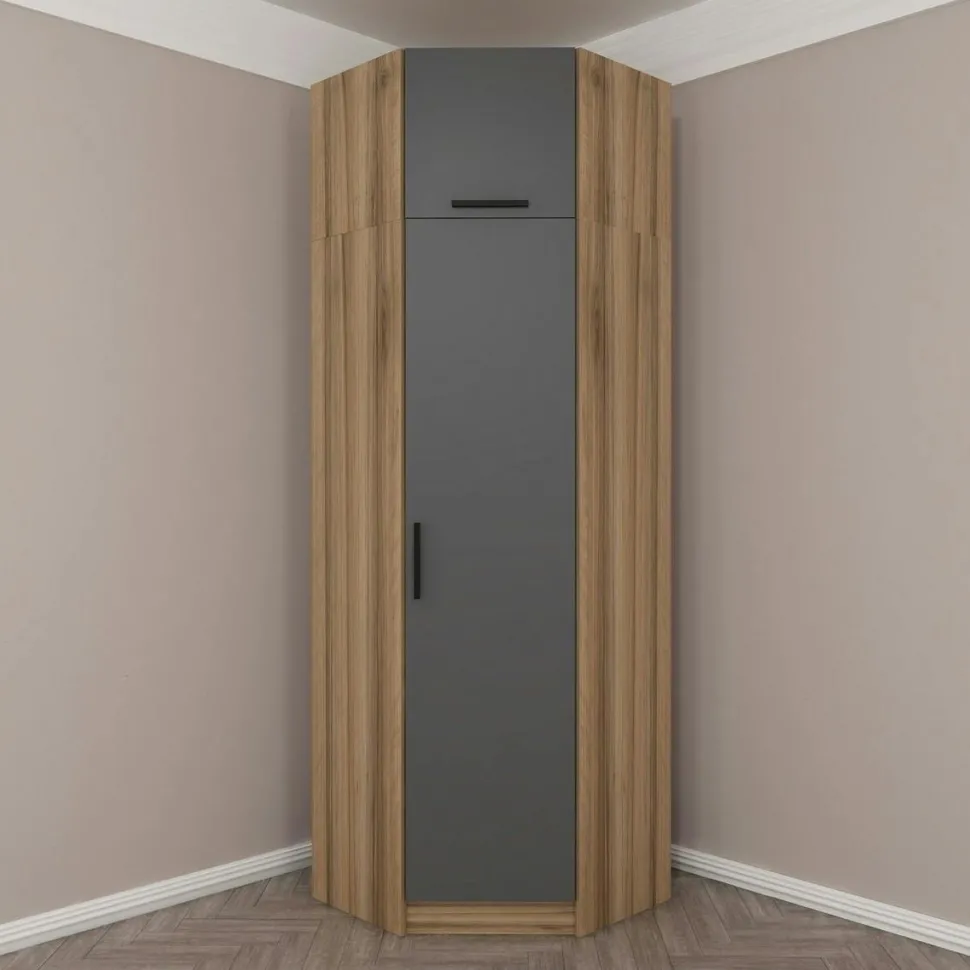 Armoire penderie d'angle 2 portes effet bois & gris BYRON
