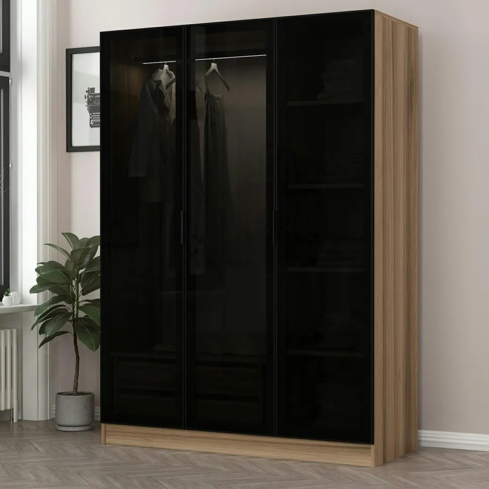 Armoire penderie design effet bois, 3 portes vitrées BYRON