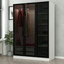 Armoire penderie design effet bois, 3 portes vitrées BYRON