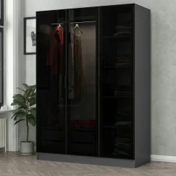 Armoire penderie design effet bois, 3 portes vitrées BYRON