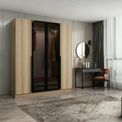 Armoire penderie design effet bois 4 portes verre H 210 cm BYRON