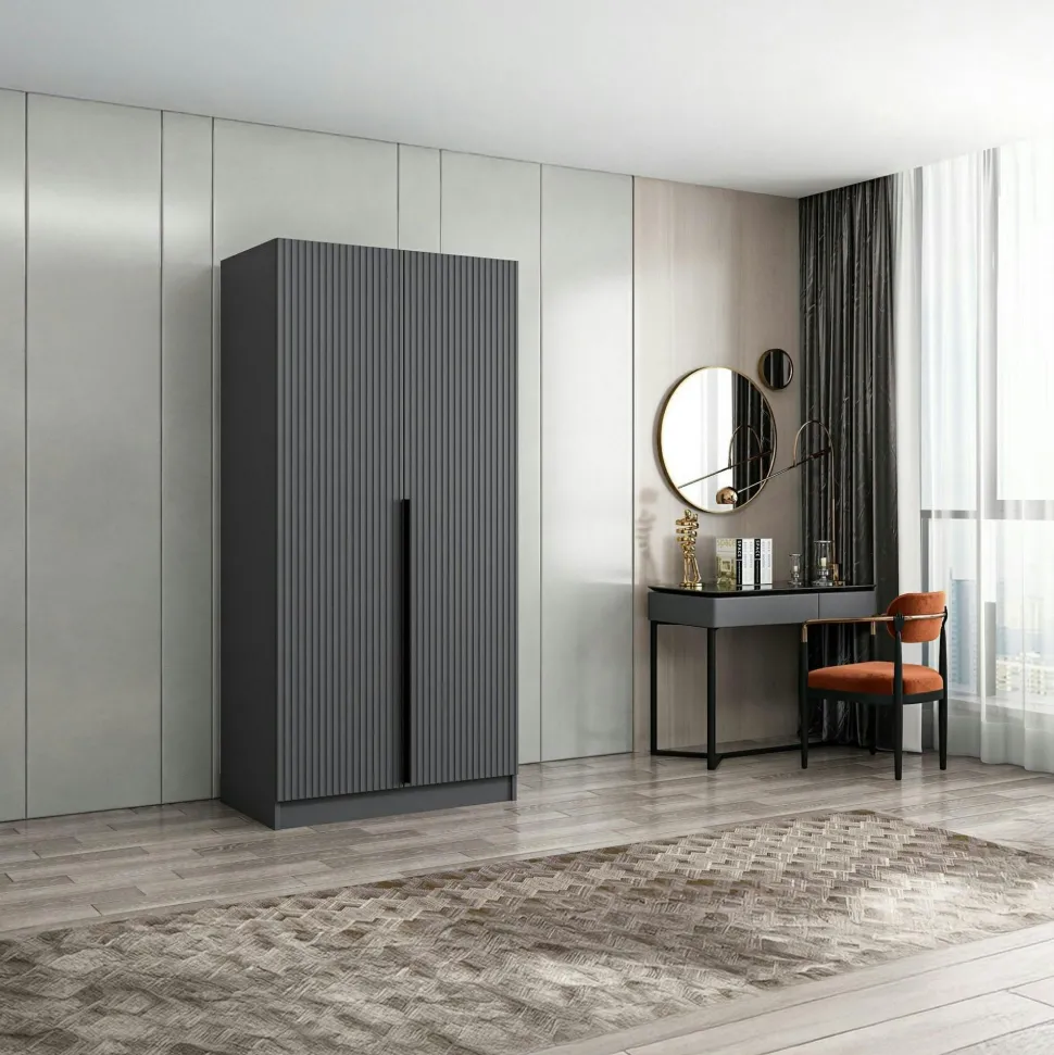 Armoire penderie design gris rainuré - 2 portes BYRON