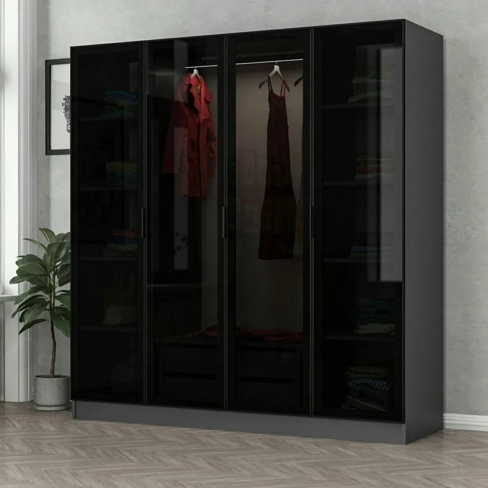 Armoire penderie design gris 4 portes vitrées H 190 cm BYRON