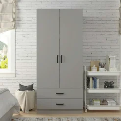 Armoire penderie grise 2 portes 2 tiroirs 80 cm BYRON