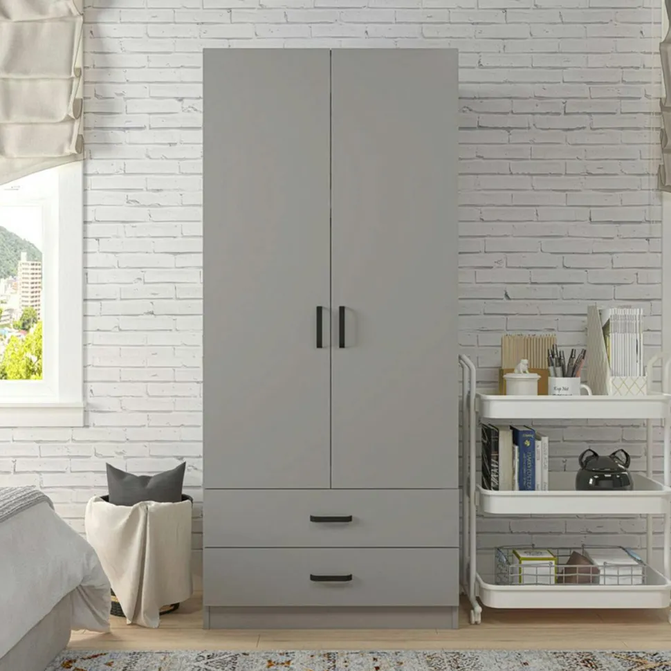 Armoire penderie grise 2 portes 2 tiroirs 80 cm BYRON