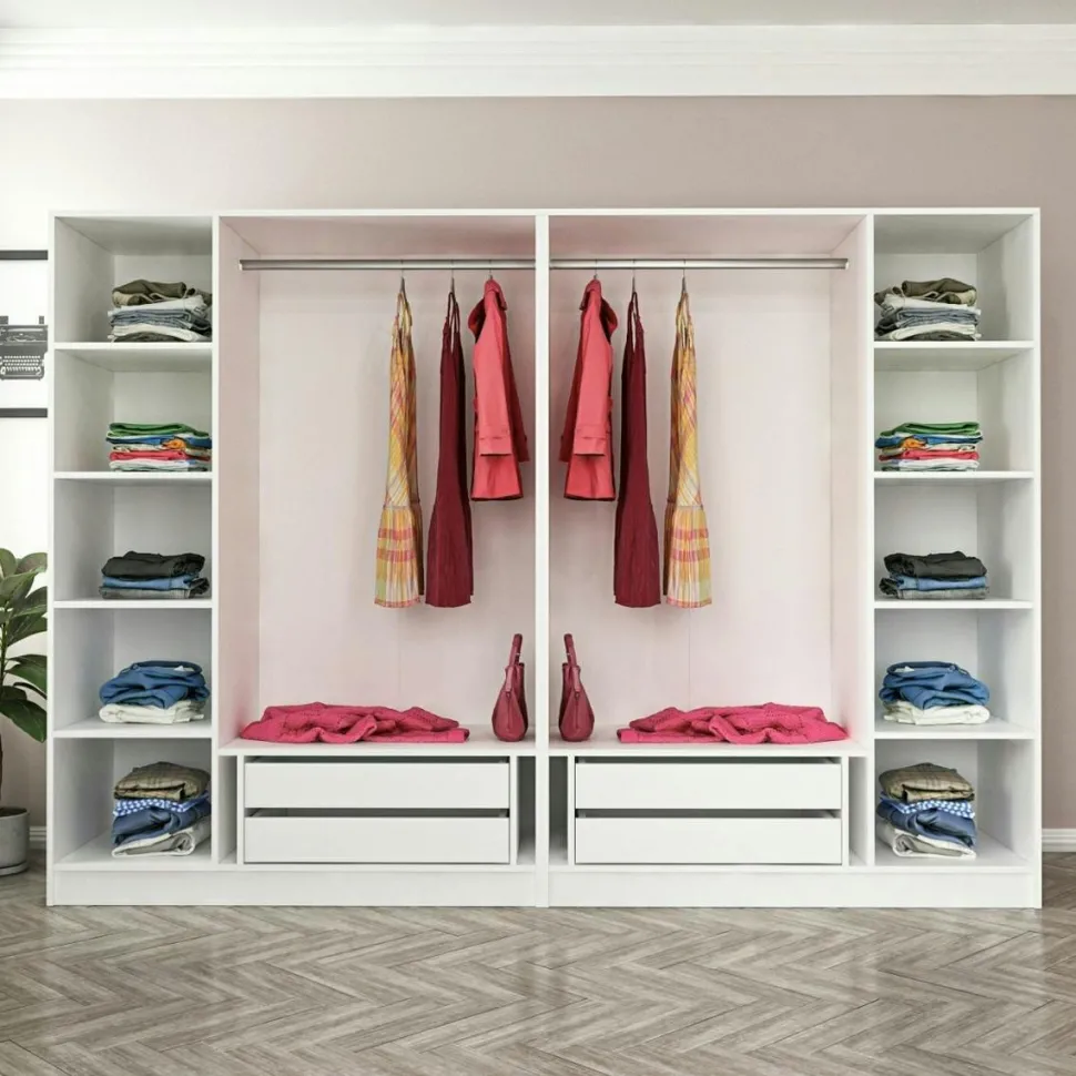 Armoire penderie ouverte blanche 2 portants 4 tiroirs BYRON