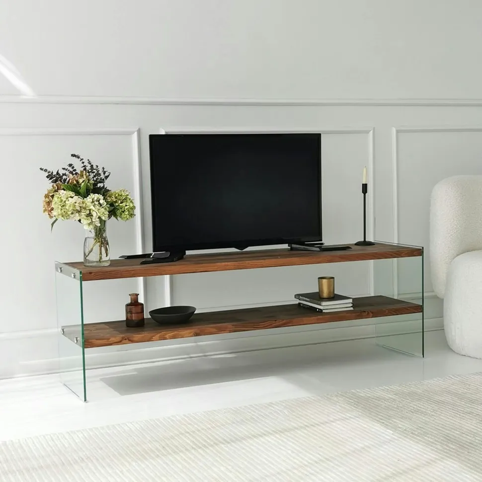 Banc TV bois anthracite et verre - 2 niveaux, 140 cm LHASA