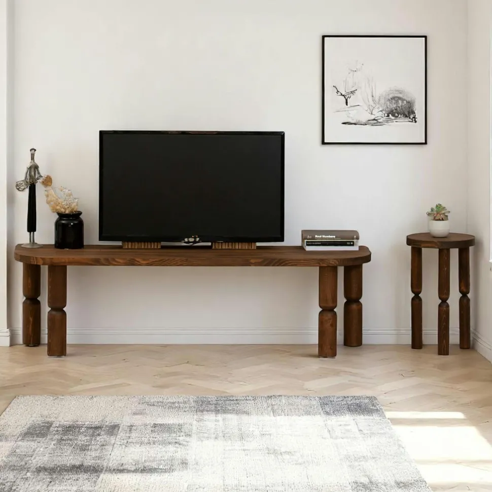 Banc TV en bois brun - pieds tournés, 140 cm BOMA