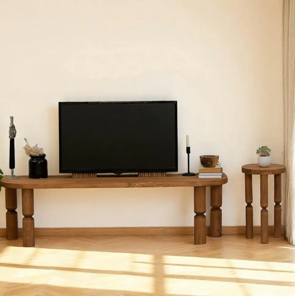 Banc TV en bois brun - pieds tournés, 140 cm BOMA
