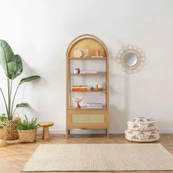 Bibliothèque cannage & effet bois ovale 4 étagères TANDI