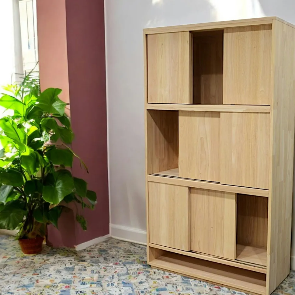 Bibliothèque Hévéa 3 étages à portes coulissantes, 1 niche basse 100x40x180cm BALTIC