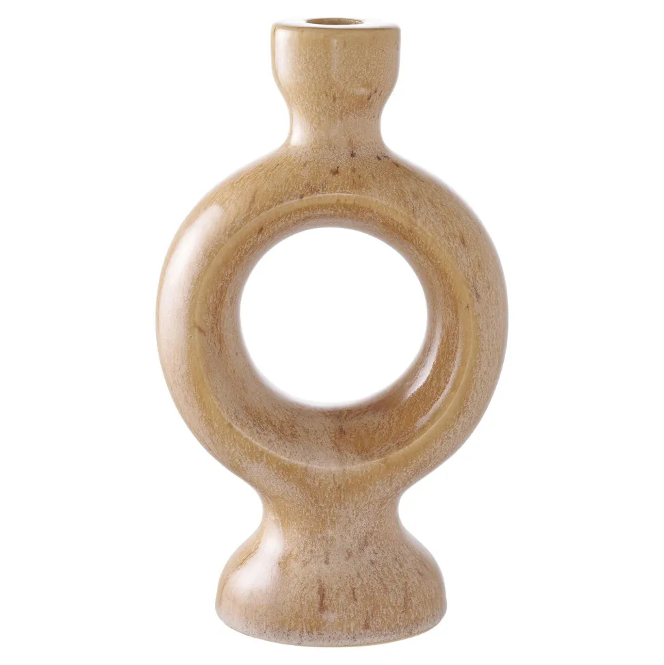 Bougeoir déco en céramique - forme anneau sculptural, beige brun
