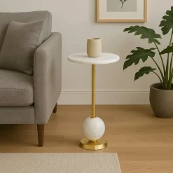 Bout de canapé design en marbre avec plateau doré Ø41 cm TALLINN