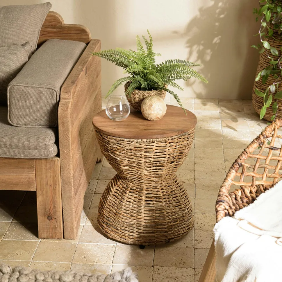 Bout de canapé rond en rotin beige plateau bois 41 cm SWING