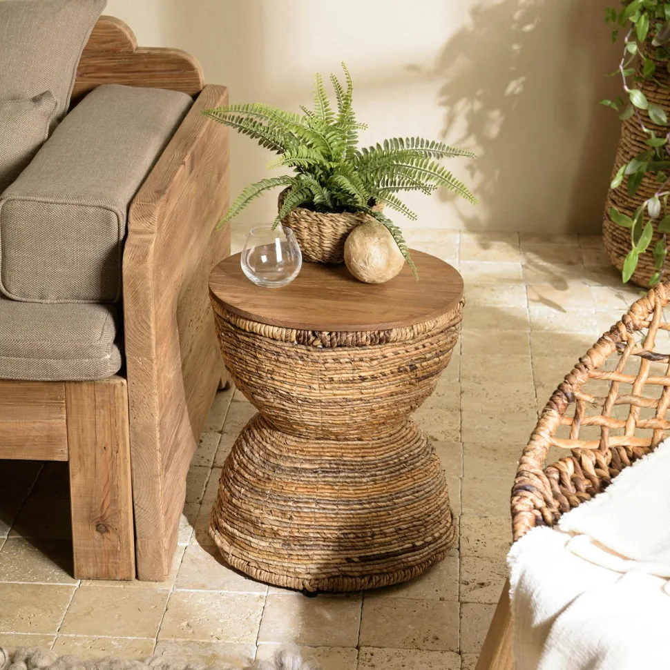 Bout de canapé rond en rotin beige plateau bois 41 cm SWING