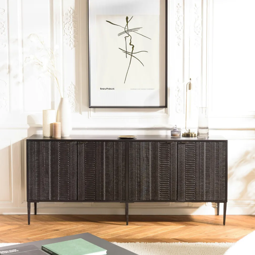 Buffet 4 portes motifs sculptés bois noir SURATE