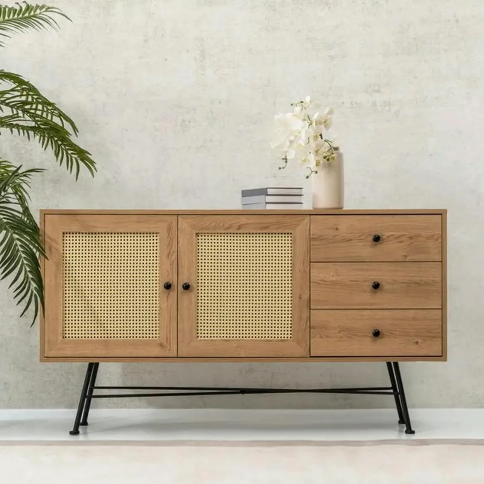 Buffet bohème effet bois, 2 portes en cannage VAREN