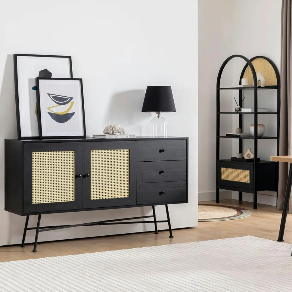 Buffet bohème effet bois, 2 portes en cannage VAREN