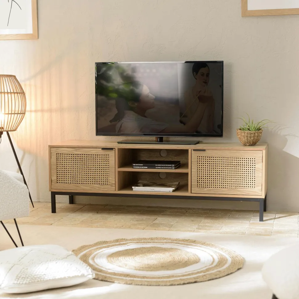 Buffet bois clair 2 portes rotin 3 tiroirs pieds métal PALMA