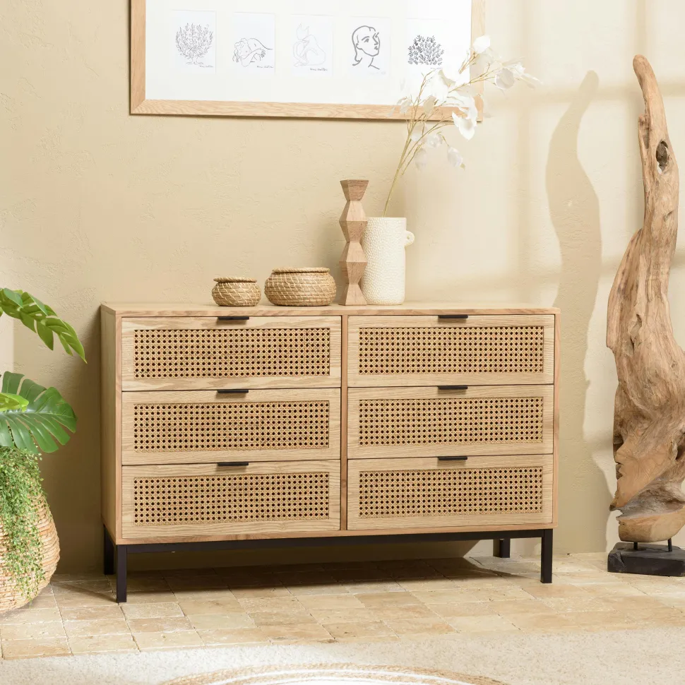Buffet bois clair 2 portes rotin 3 tiroirs pieds métal PALMA