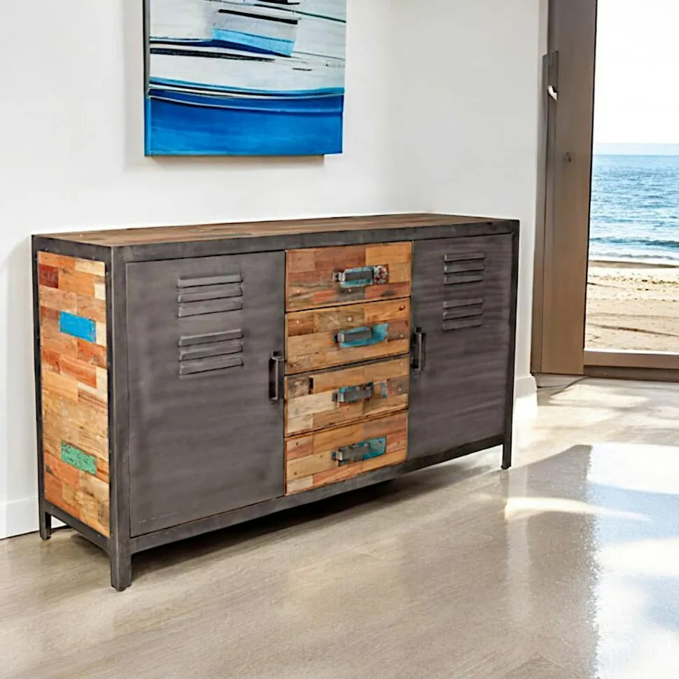 Buffet bois recyclé 4 tiroirs bois recyclé 2 portes métalliques 160x45x90cm CARAVELLE