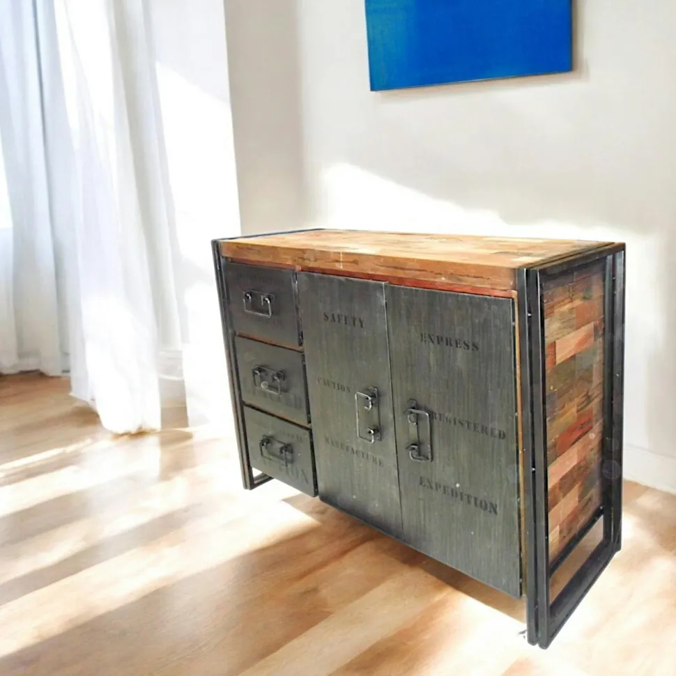 Buffet bois recyclé 4 tiroirs bois recyclé 2 portes métalliques 160x45x90cm CARAVELLE