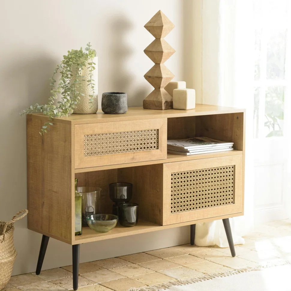 Buffet de rangement bois et cannage 3 portes coulissantes ALCUDIA