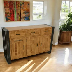 Buffet enfilade hévéa recyclé naturel et métal noirci 4 portes 2 tiroirs 180X45X90cm DOCKER