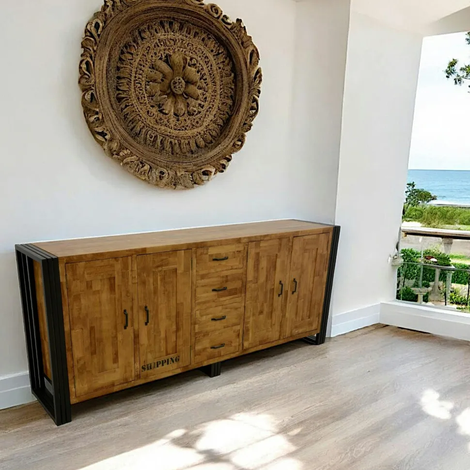 Buffet enfilade hévéa recyclé naturel et métal noirci 3 tiroirs 3 portes 150X45X90cm DOCKER