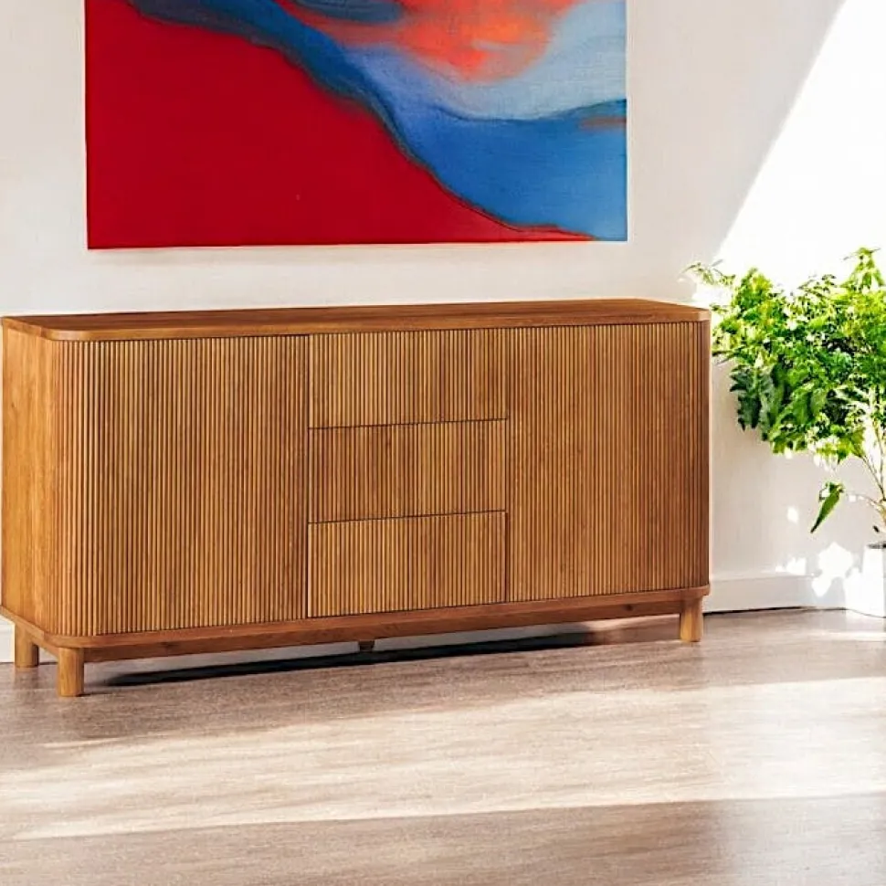 Buffet haut chêne rainuré 2 portes vitrées IENA