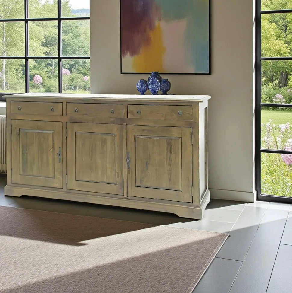Buffet long 3 portes hévéa 150x45x80cm TRADITION
