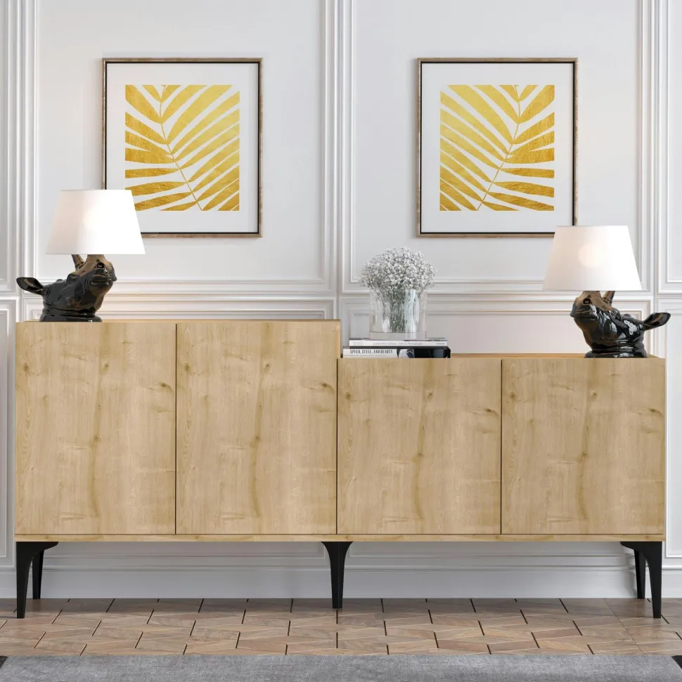 Buffet moderne 4 portes effet chêne - 2 niveaux JENA