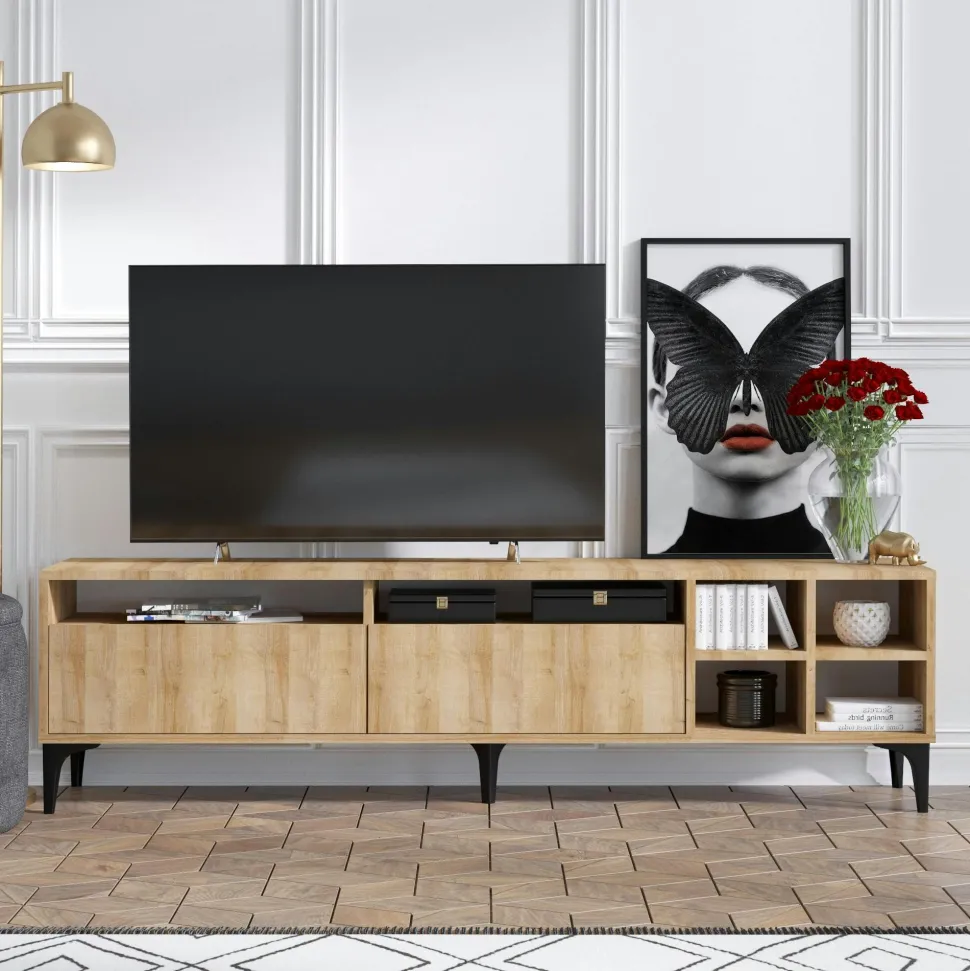 Buffet moderne 4 portes effet chêne - 2 niveaux JENA