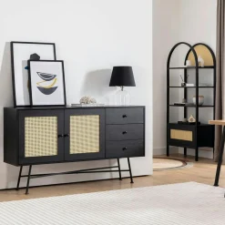 Buffet noir bohème avec cannage, 2 portes 3 tiroirs VAREN