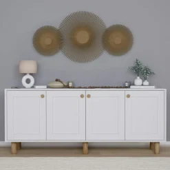 Buffet salle à manger blanc, cannage et effet noyer VAREN