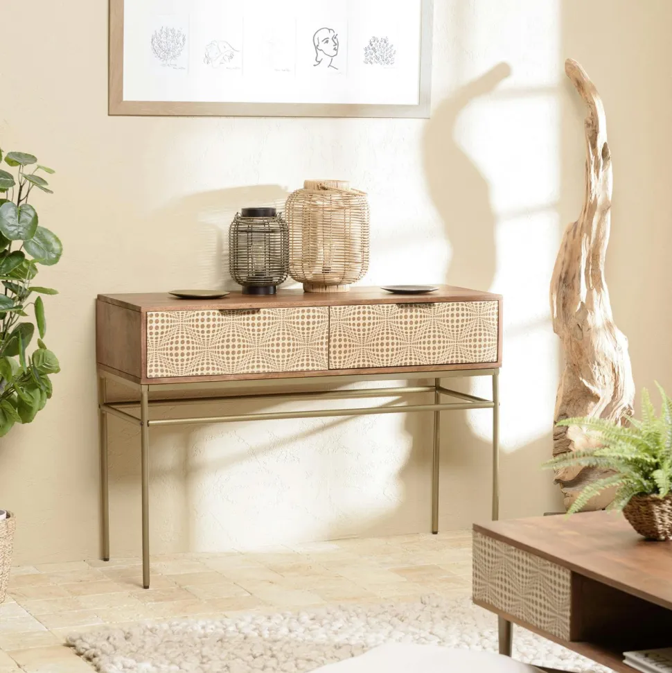 Buffet vintage manguier 4 portes motifs losanges pieds métal doré KANHA