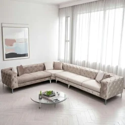 Canapé 2 places beige en velours capitonné DOVER