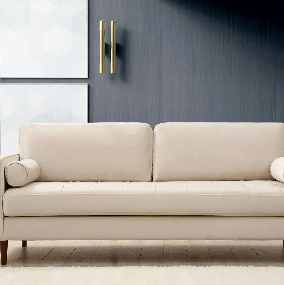 Canapé 2 places velours beige crème, coussins polochons CHIBA