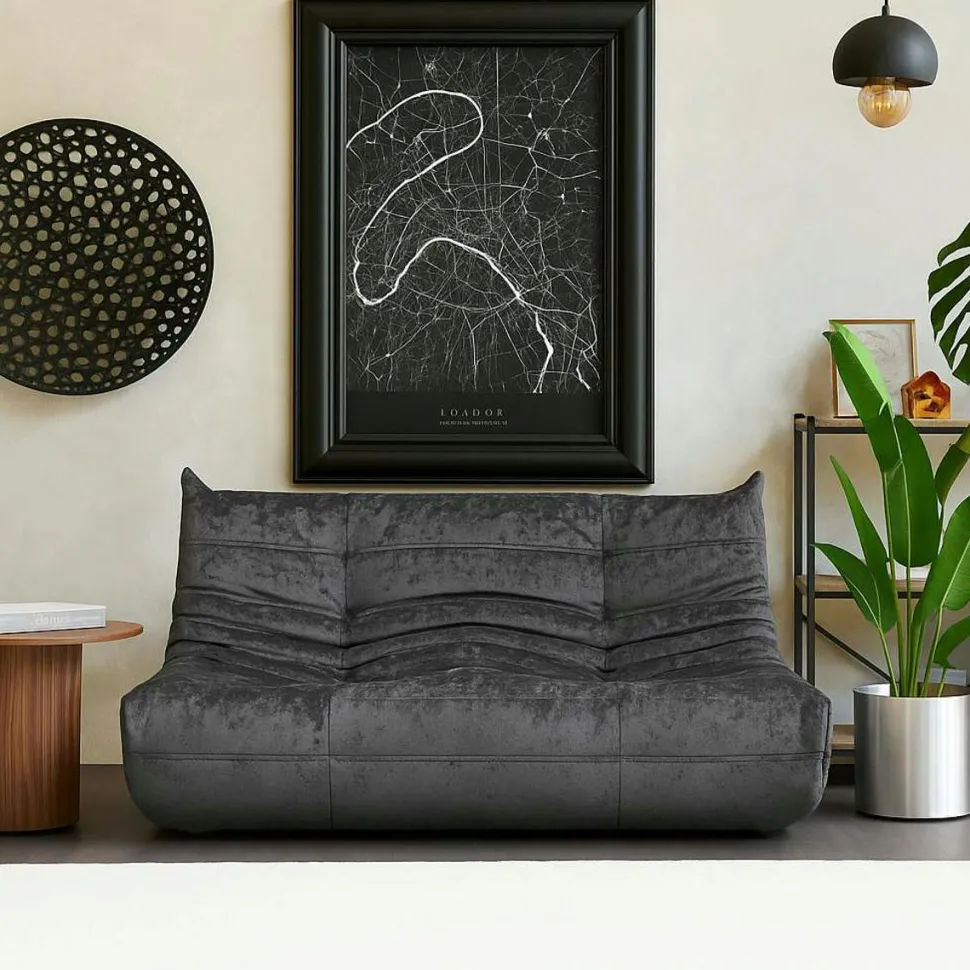 Canapé 2 places velours bleu nuit plissé 145 cm ARVEN
